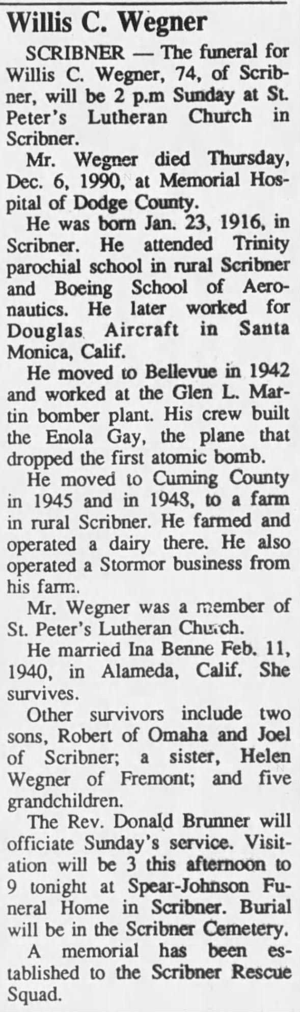 Obituary for Willis C. Wegner, 1916-1990 (Aged 74)